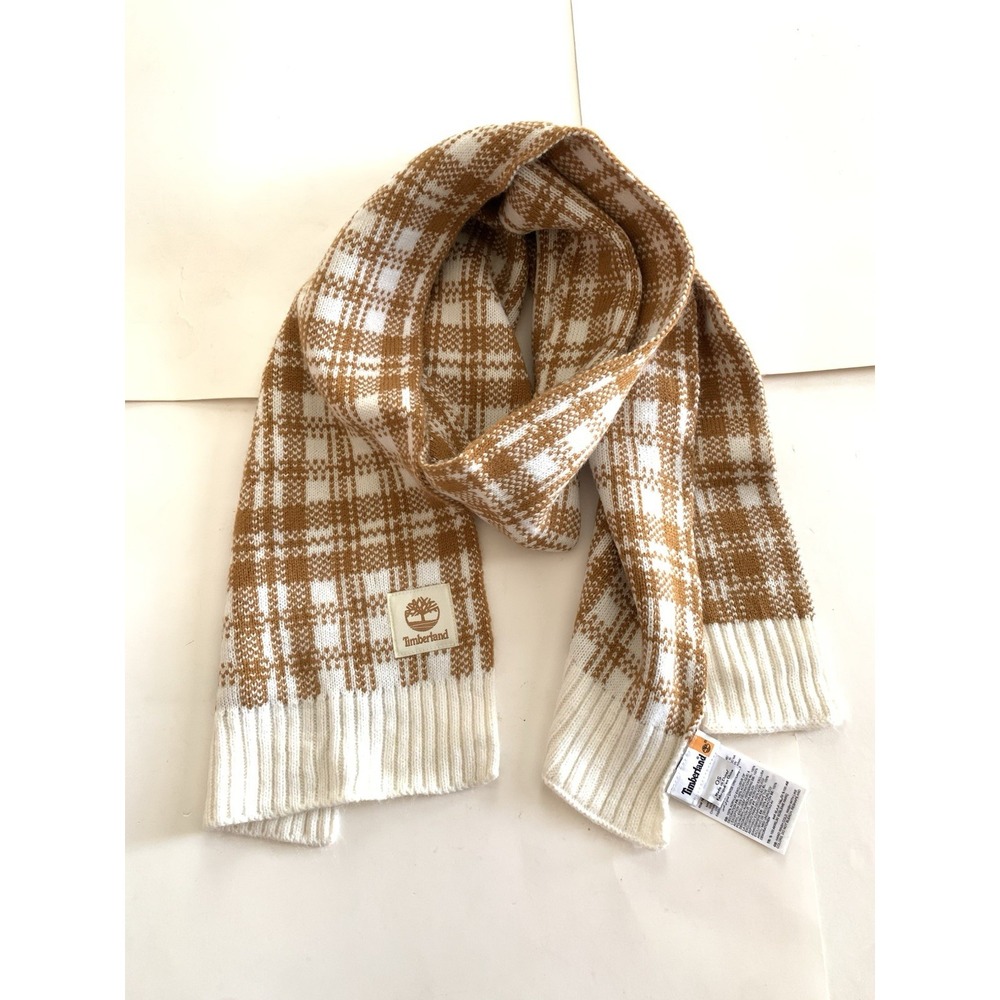 Timberland Plaid Knit Scarf Tan Cream NWOT Unisex Winter Cozy Soft Retails $60